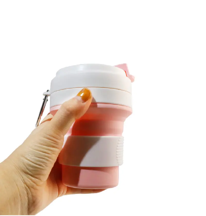 Food Grade Heat Resistance Drinking Foldable Silicone Cup with Silicone Lid Custom Colors Printing Logo Collapsible Mug