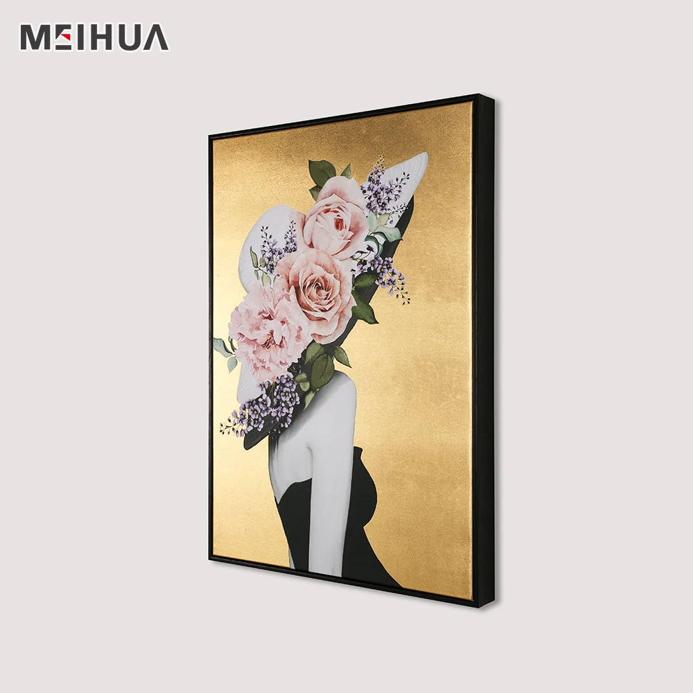 Decoration Pink Flower Hat floating  frames wholesale custom picture art with Gold Foiling Background