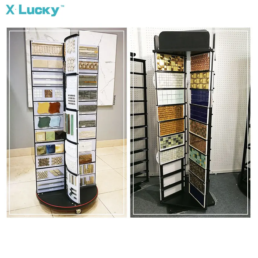 Lucky stone metal booth Glass exhibition marble showroom granite sample rotary tile quartz multi-faceted  mosaic display rack