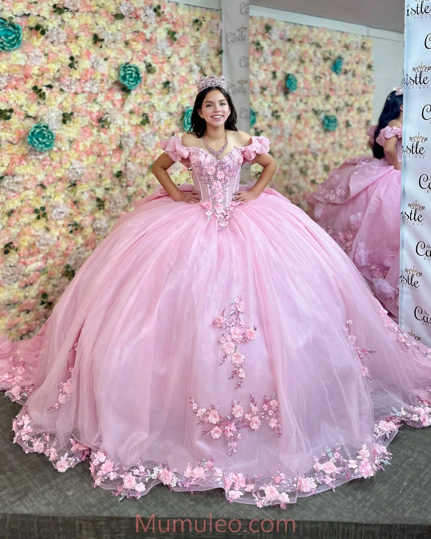 Mumuleo с открытыми плечами розовые платья Quinceanera вырезом Прозрачный лиф 15 платье 3D цветами