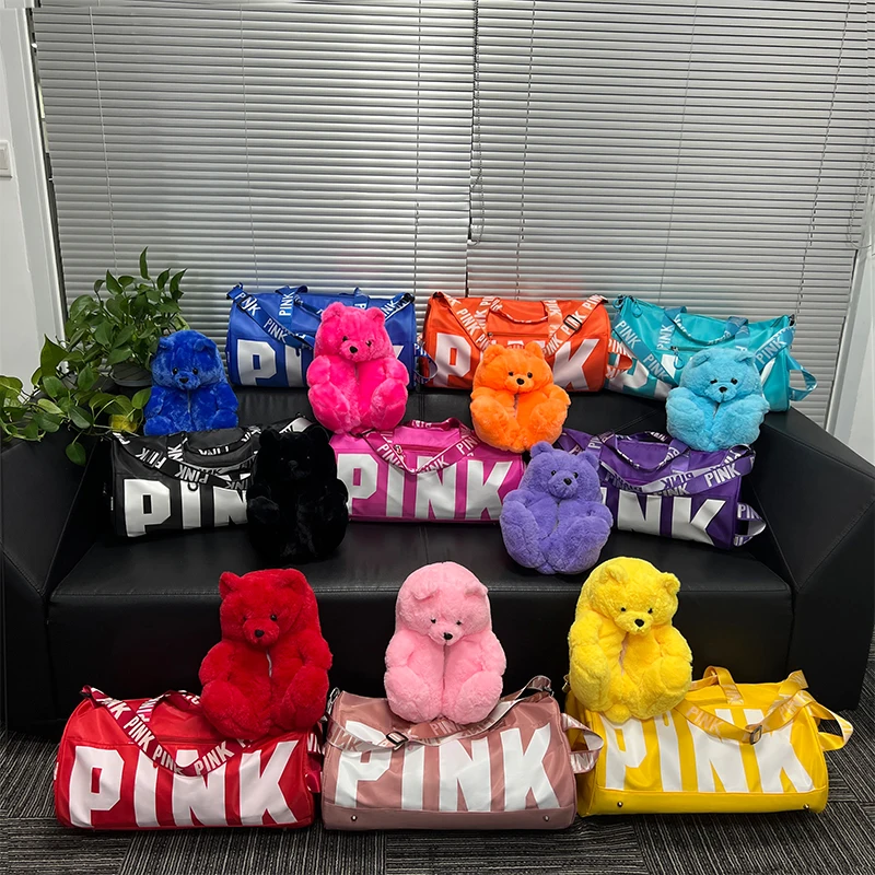 New Arrivals Plush Slippers Pink Bag Duffle Travel Set Spend The Night Weekender Gym Overnight Duffle Bag And Teddy Bear Slipper