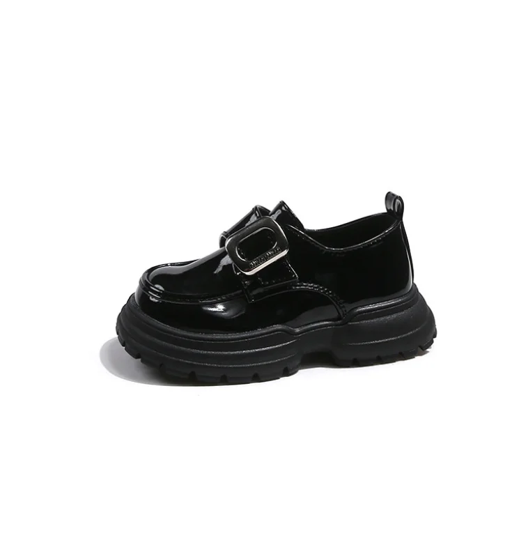 British Style Fashion Teenagers Girl Shiny & Metal Black Party Shoes Kids Girl Chunky Heel Loafer Shoes