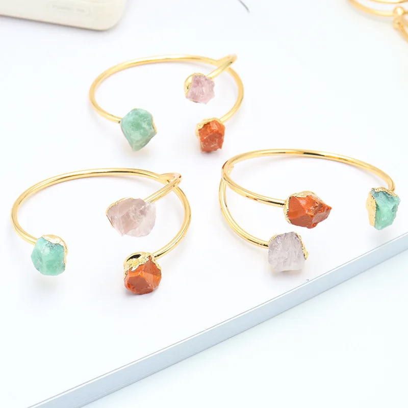 Three Stone Bracelet Inlaid With Natural Crystal Raw Stone Pink Crystal Red Tourmaline Green Aventurine Adjustment Bracelet