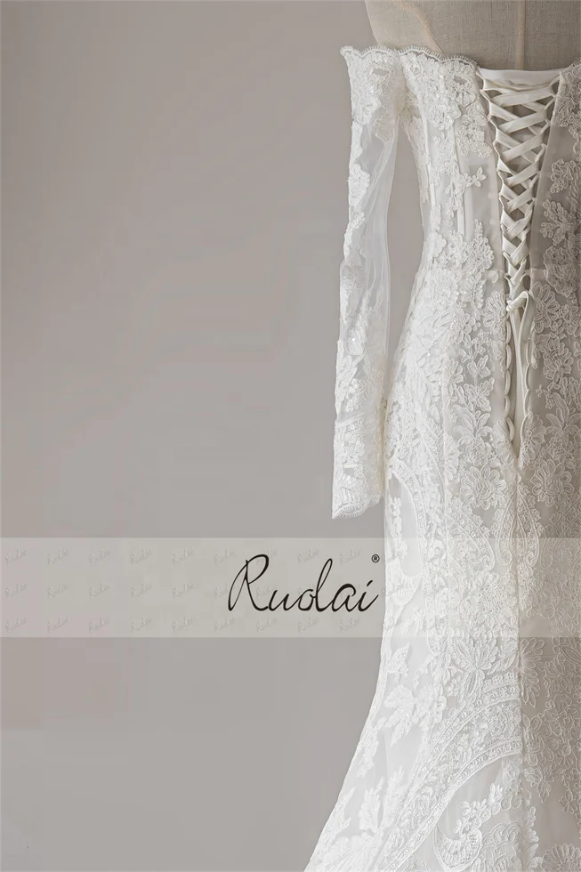 Ruolai QW01863 Sweep Train Lace Up Back Sweetheart Neckline Off Shoulder Long Sleeves Mermaid Wedding Dresses For Bride