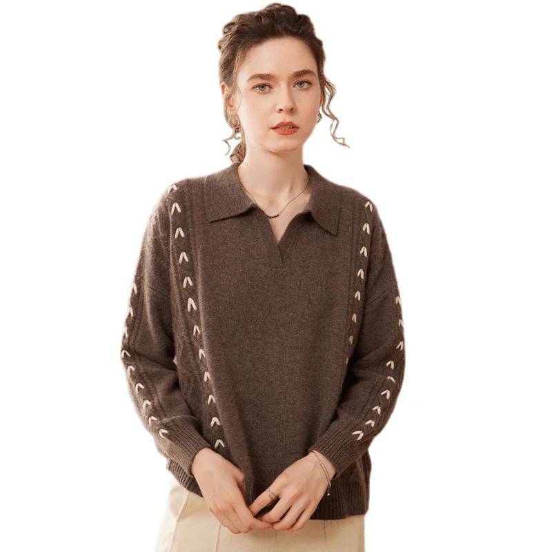 Women Luxury Hand Crochet Polo Neck Jacquard Knit Cashmere Pullover Sweater
