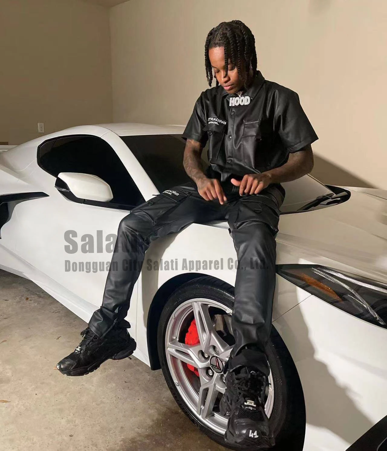 Custom Mens Pu Faux Leather Cargo Stacked Flare Pants Short Sleeve Shirt Sets Embroidered Logo Men Leather Pants Top And Bottom