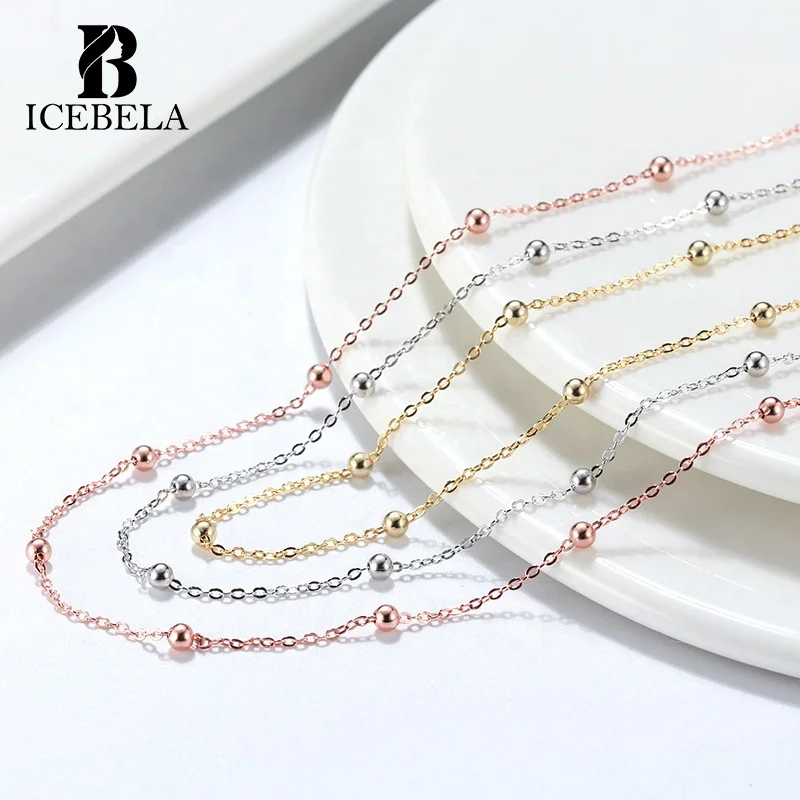 ICEBELA Italian 925 Sterling Silver Chains Jewelry Set Hip Hop 14k Gold 1.4mm Ball Bead Cable Link Chain Necklace For Women