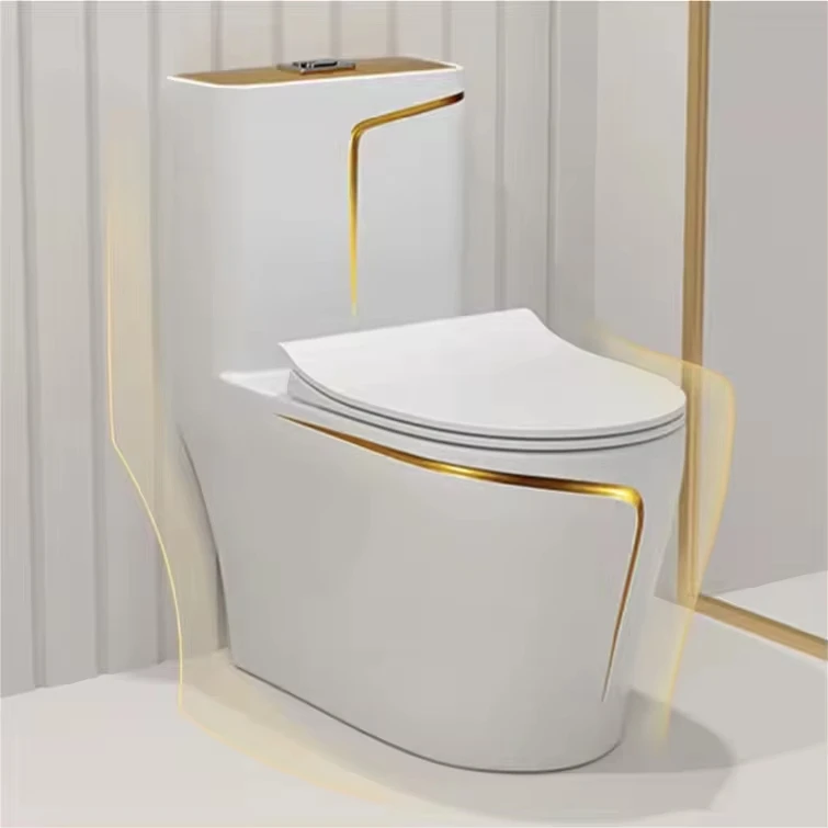 Modern Hot Sale Hotel Bathroom Freestanding Ceramic White Toilet with Gold Trim One Piece Toilet