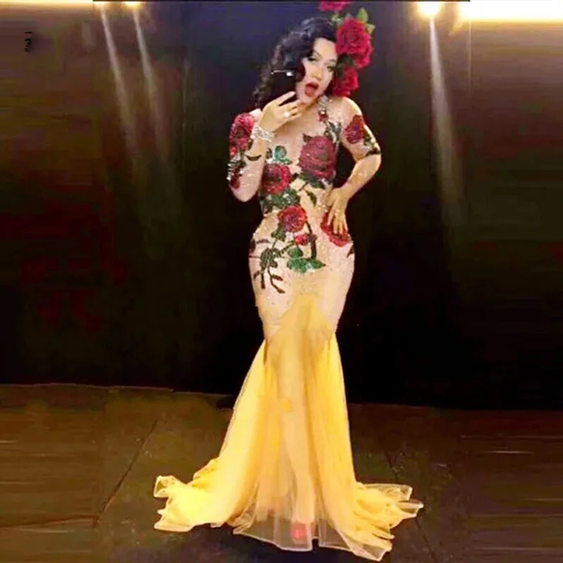 Multicolor Stones Red Rose Flower Rhinestones Long Dress Stretch Nightclub party Birthday Singer Evening drag queen Stage Outfit