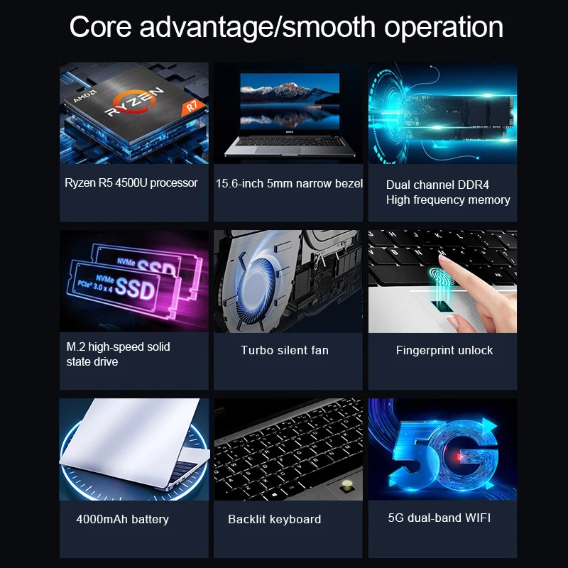 High Quality Laptops 15.6 inch AMD R5 4500U Wide Touch Pad Silver Win10 Laptop Notebook for Gaming