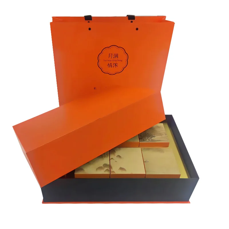 2023 Fashion Eco Friendly Orange Lid And Base Cardboard Custom Logo Luxury Mooncake Packaging Box Food Box With Tote Bag
