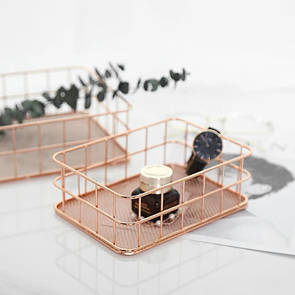 Wire Organizer Basket Iron Foldable Customized Package Storage Baskets Rose Gold Rectangle Metal Modern Customized Color 2set