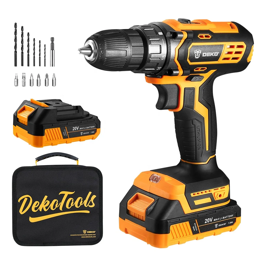 DEKO DKCD20XL01-B10S2 20V Cordless Drill 1500mAh Li-ion Battery Screwdriver 40N.m 18+1 Torque Settings Power Drill Kit