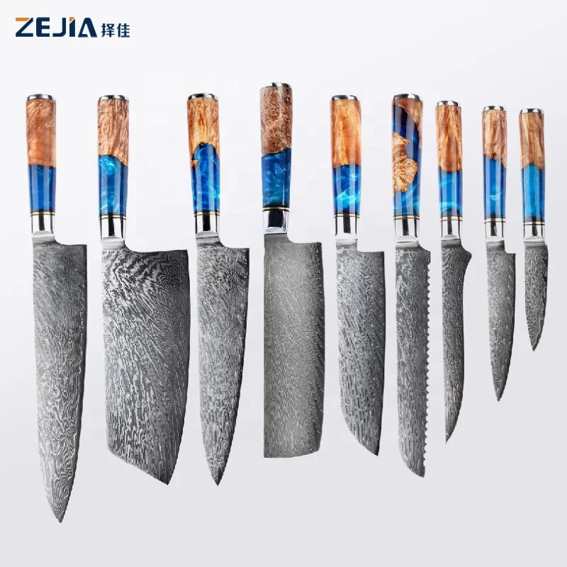ZEJIA Быстрая доставка 67 слоев дамасский кухонный нож шеф-повара 9 шт. набор синяя ручка из смолы