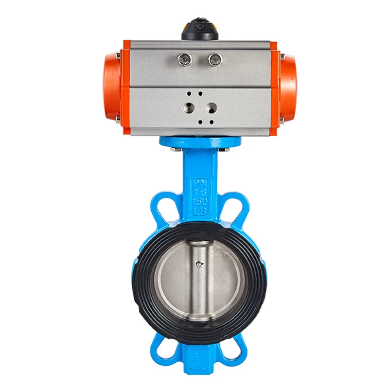 4 Inch Cast Iron Wafer Type Butterfly Valve EPDM Soft Sealed Ball Mill Malve Plate AT Double Acting Pneumatic Butterfly Valve