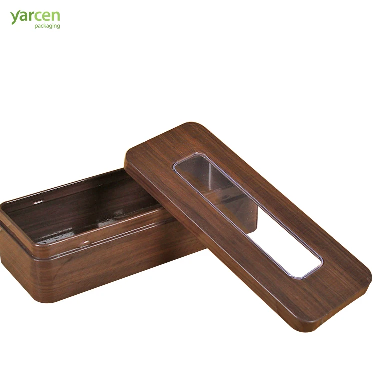 High quality long square Wood-like printing gift packaging  tin box with embossed pattern