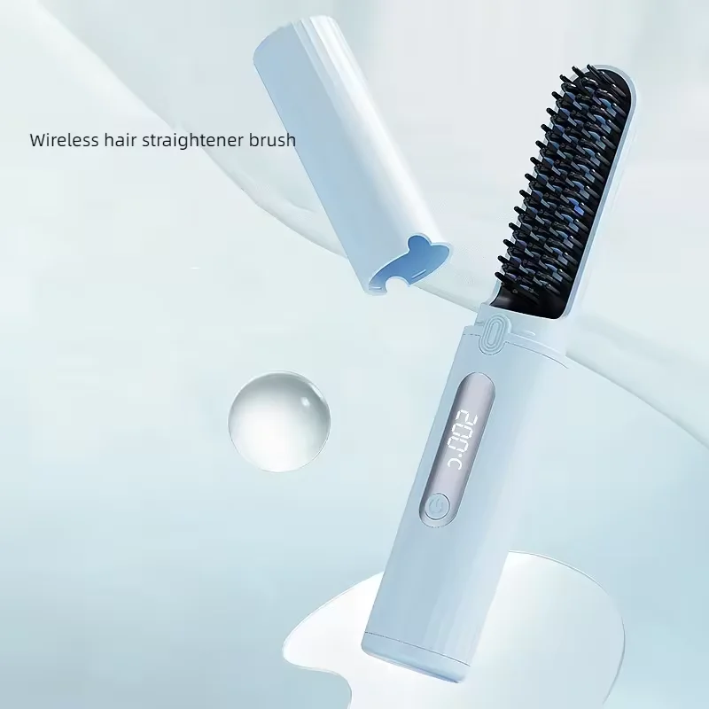 2 In 1 Cordless Portable Straightening Brush 30s Fast Heating Electric Comb Hair Straightening Lcd Display For Smooth