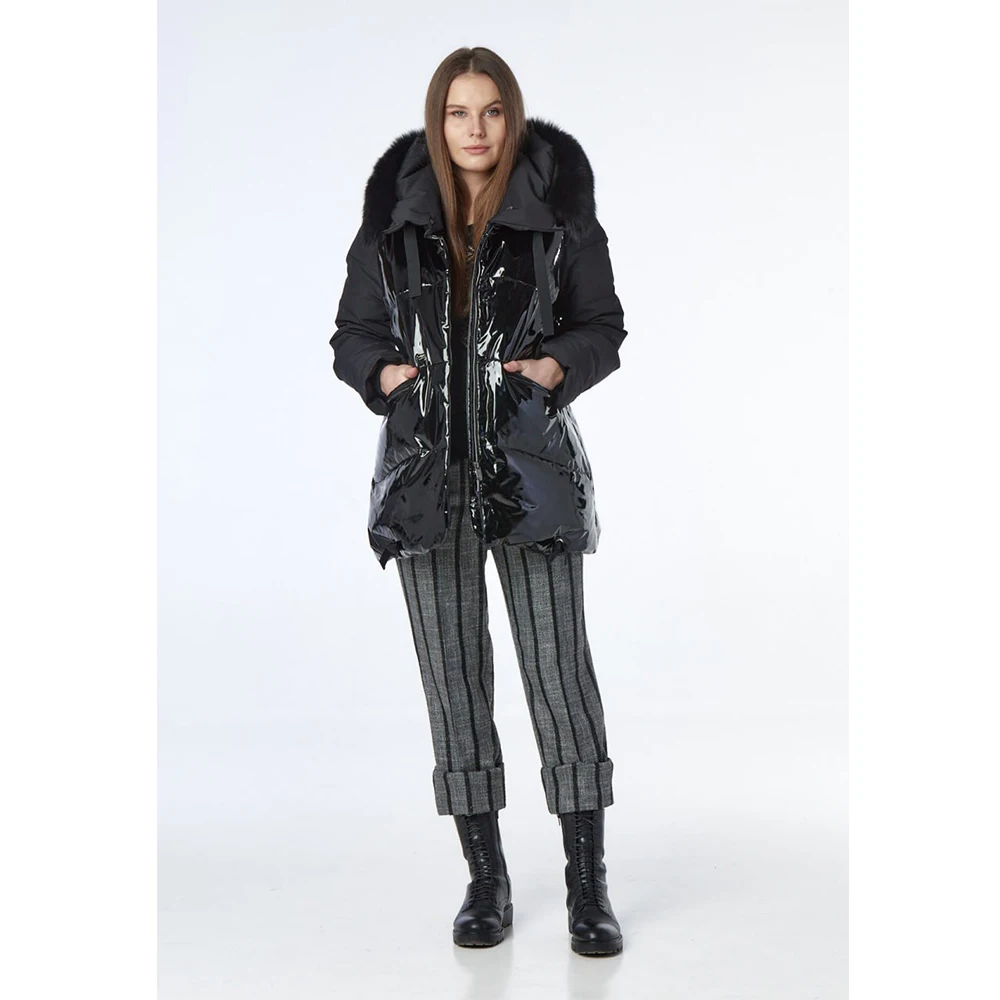 Natural goose down winter jacket for women with luxury fur hood/ Middle length ladies winter zipper coat for cold weather