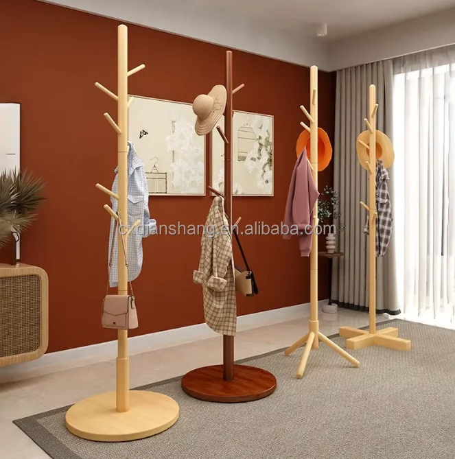 Solid Wood Coat Rack Floor-Standing Simple Clothes Drying Rack with Vertical Hanger wood Bag Hanging Rack Bedroom Living Room