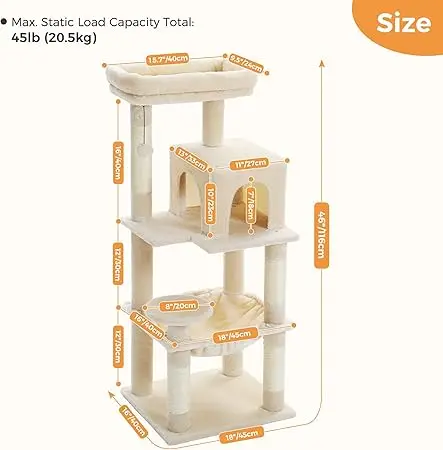 Factory Cat Tree with Metal Plush Hammock Cat Tower with 2 Door Condo House 6 Tier Cat Shelves with Scratching Posts