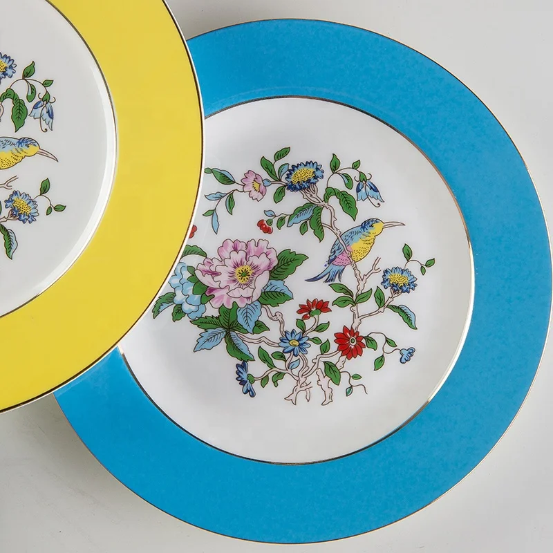 European bone china dish plate flower and bird pattern plate 8 /10 inch snack plate porcelain breakfast disc