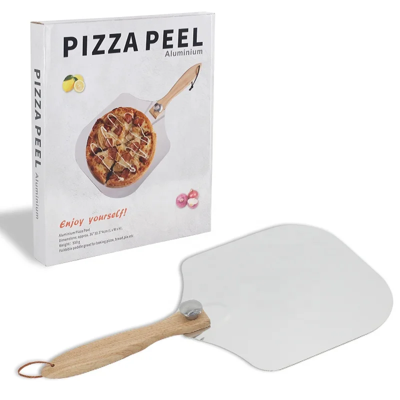 Factory wholesale aluminum foldable pizza peels with wooden handle