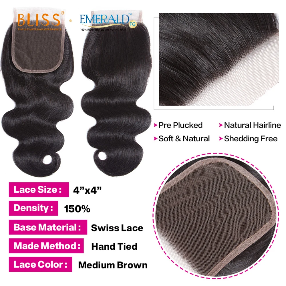 Bliss Emerald 100%  Human Hair Bundles Body Wave Meche Humain Bresilienne En Chine 3 Bundles with Lace Frontal Closure
