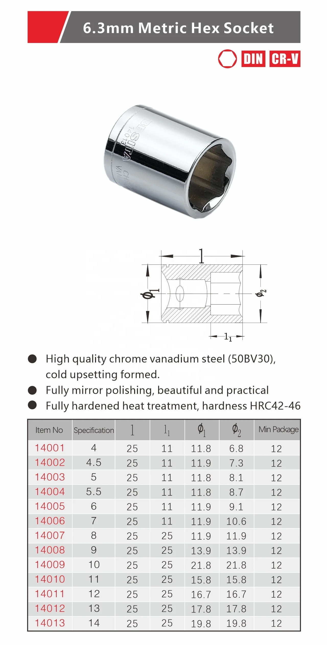 Best Selling Socket In Stock Hex Socket Wrench German Standard CR-V 6.3mm Metric Hex Socket For Automotive Maintenance