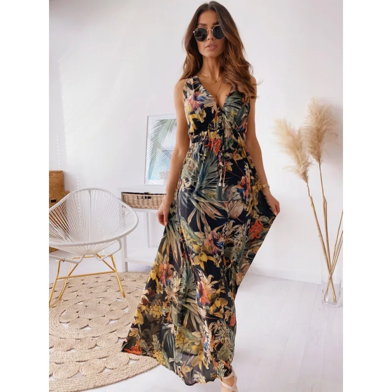 new woman clothes large size  v-neck floral ladies evening dresses all-match dress new printed backless strap casual clothing