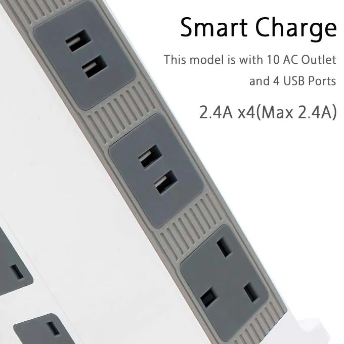
high quality Smart 10 AC Power Extension Socket with 4 USB Power Strip 