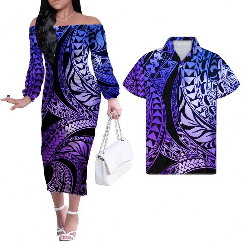 New Couples Clothing Set Samoa Tribal Style With Hibiscus Women Long Sleeve Dress Bodycon mens Island shirt