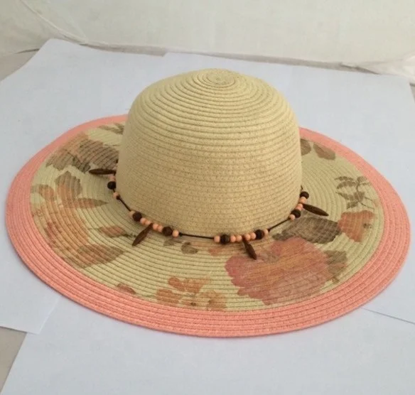 Women Paper Straw Floral Printed Floppy Beads Chain Decoration Capeline Hat