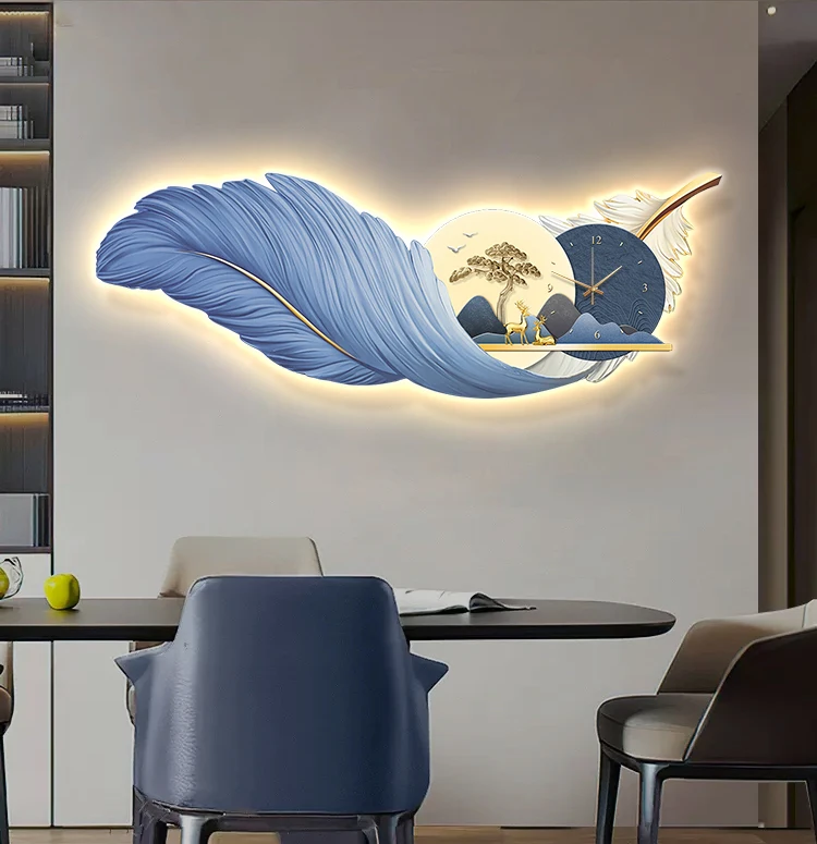 Yiwu Original LED Feather Clock Light Luxury Elk Hanging Painting Living Room Landscape Decoration Painting
