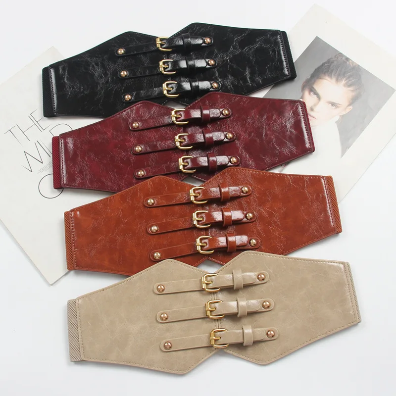 Three-raw Metal Needle Buckle Glossy Leather 14CM Wide High-waist Girdle Belt Dress Elasticity