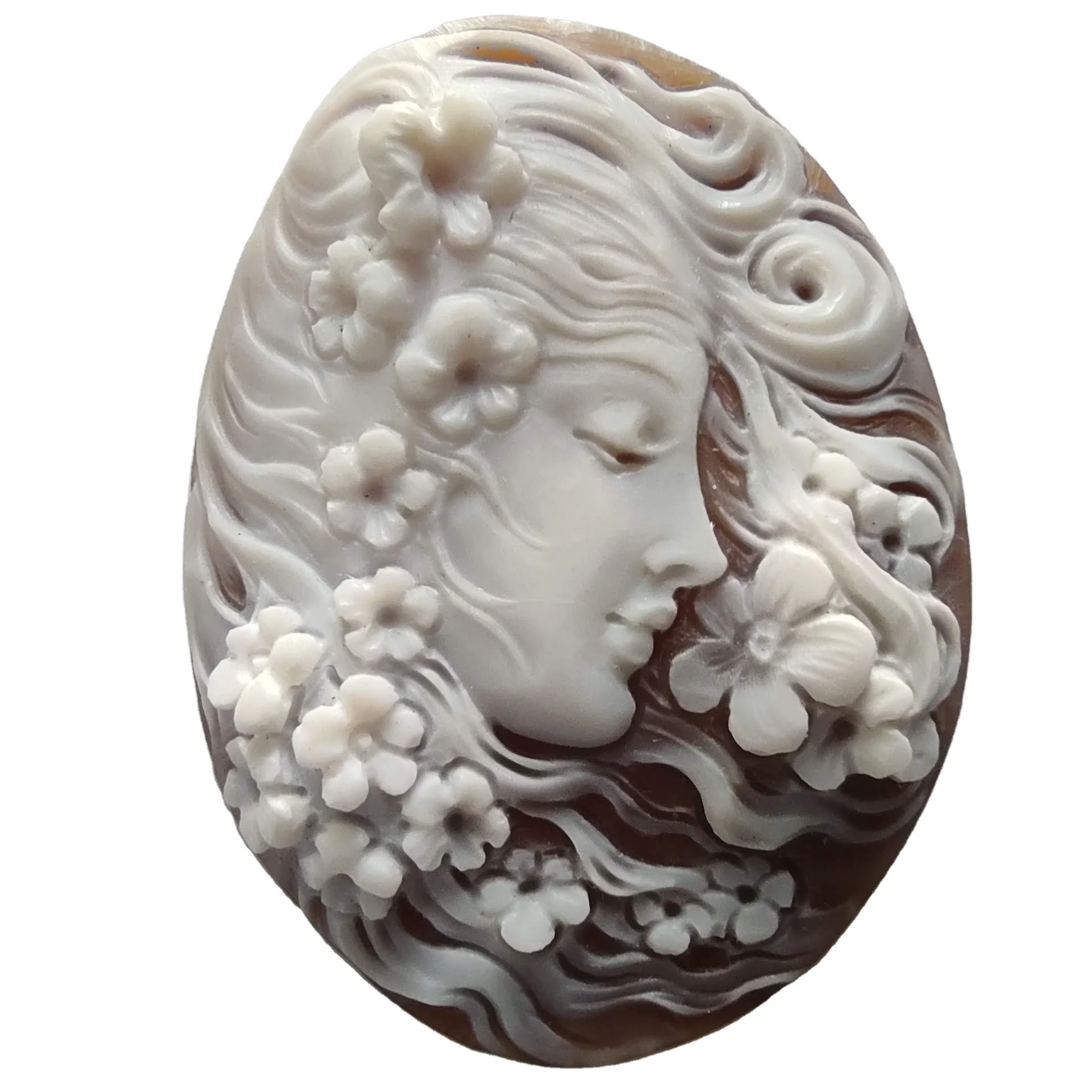 Резная вручную морская Камея Sardonyx из ракушек изображающая флору с волосами на ветре сделано в Торре дель Греко Италия