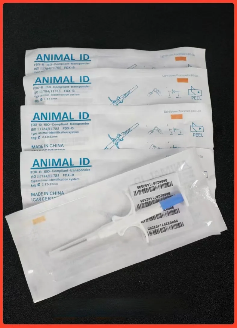 Universal ISO 134.2khz  microchip rfid glass capsule tag 1.25*7mm animal pet microchip and syringe