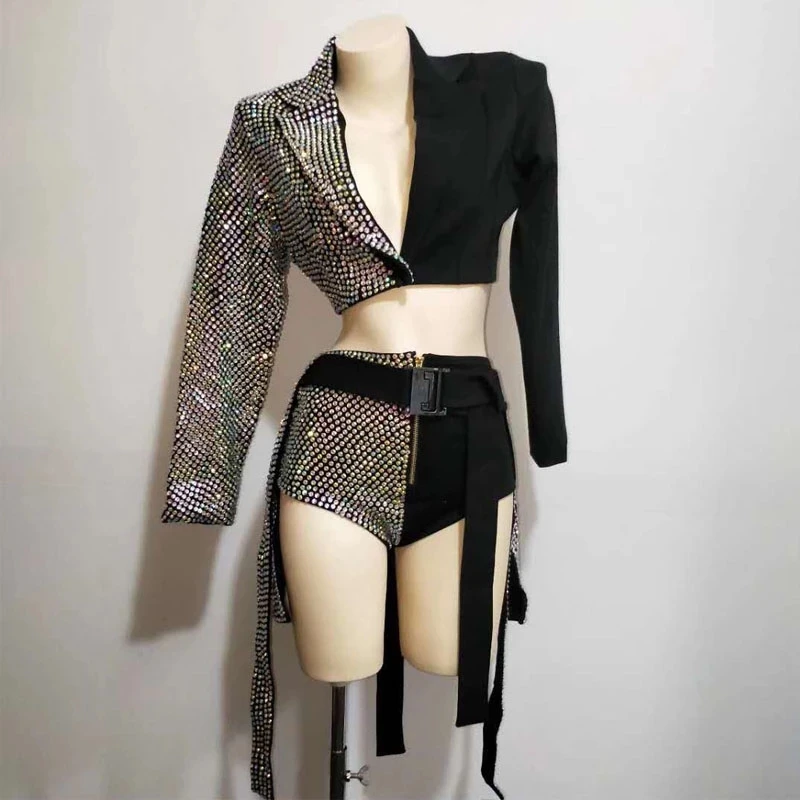 2PCS/SET Sparkly Rhinestones Outfit Sexy Black Blazer Short Design Party Dj Female Singer Nightclub Jazz Dance Skirt Costume