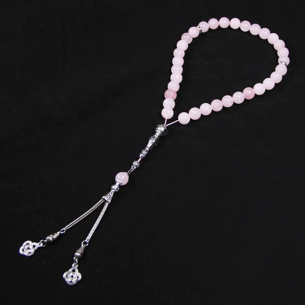 Rose quartz Muhammad Prayer Rosary Muslim Islamic 10mm 33 rosary necklace stainless steel tassel