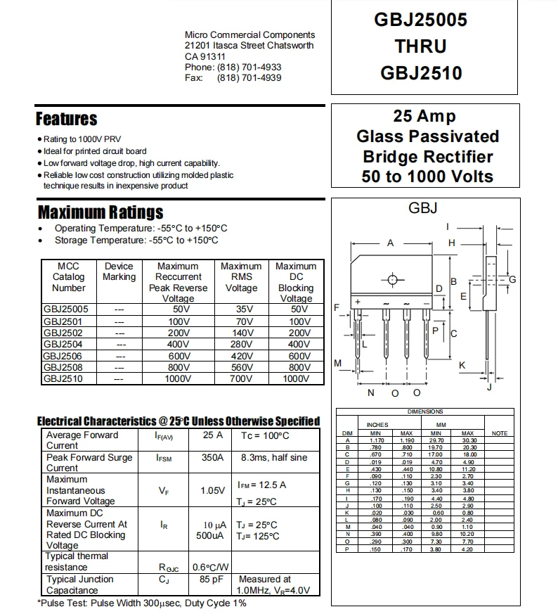 GBJ2510 25A 1000V 1KV 135Mil Glass Passivated Bridge Rectifier GBJ2510