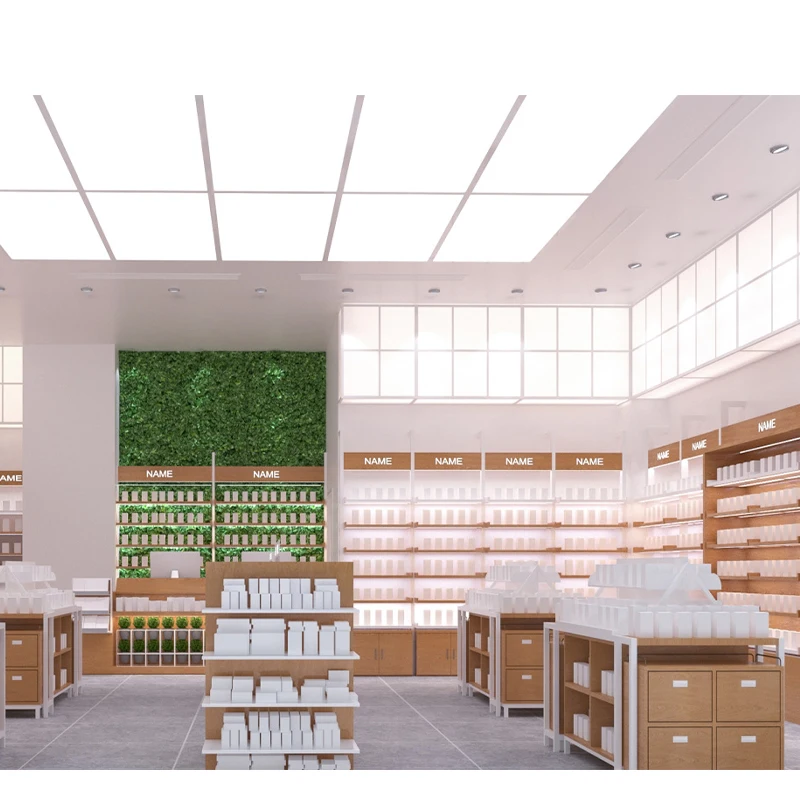 High End Pharmacy Furniture Shelving Wooden Farmacia Display Pharmacy Rack Shelves With Pharmacy Drawer System