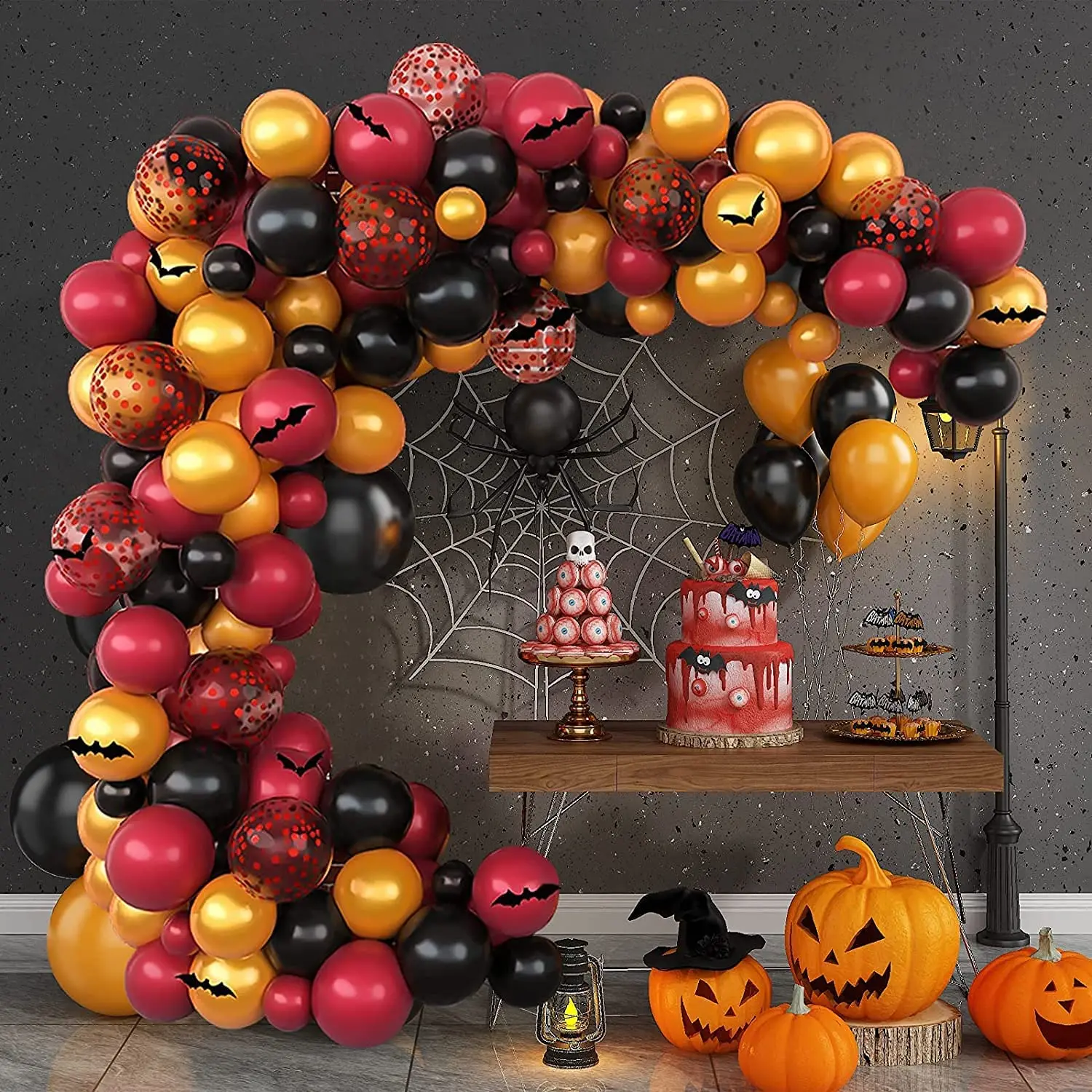 Black Red Gold Balloons Garland Kit Confetti Balloon Bat Stickers, Latex Balloons for Halloween Decoration Birthday