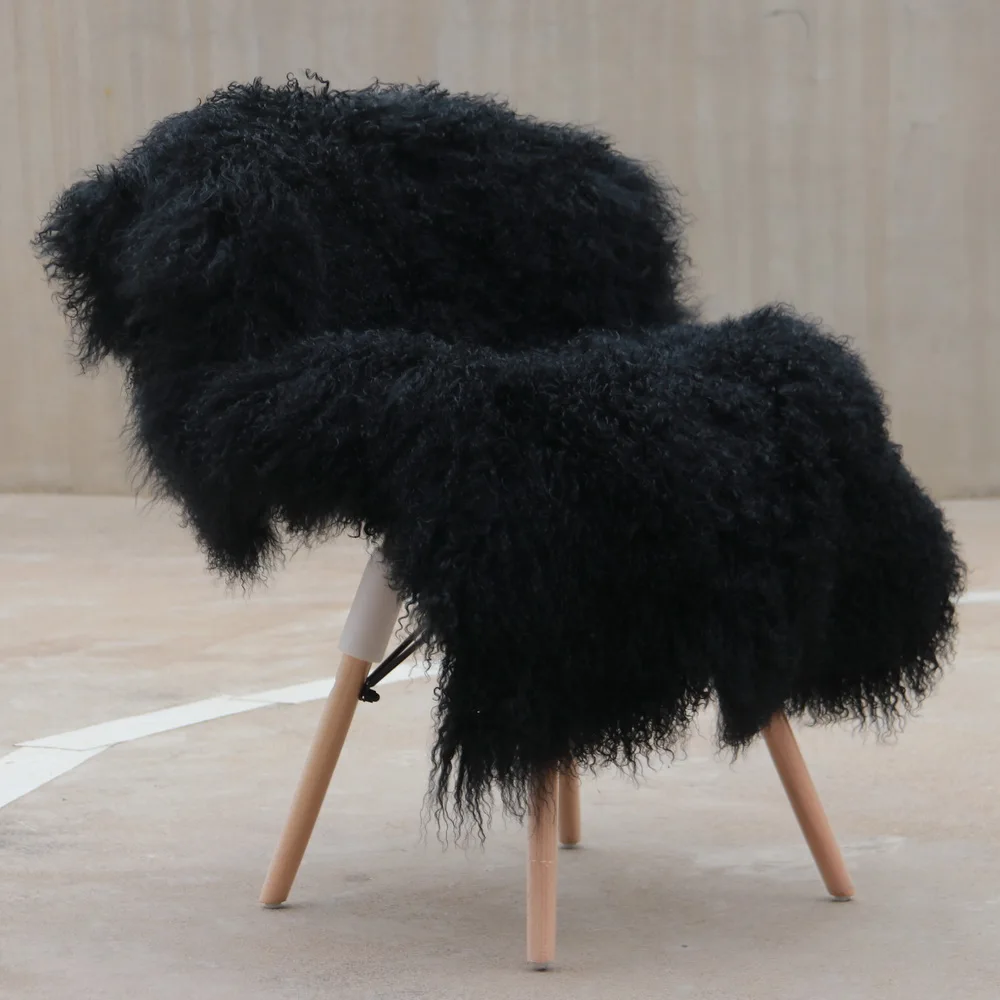 Quality Assured Real Natural Fluffy Mongolian Tibetan Lamb Fur Black 60x120cm Sheepskin Plate