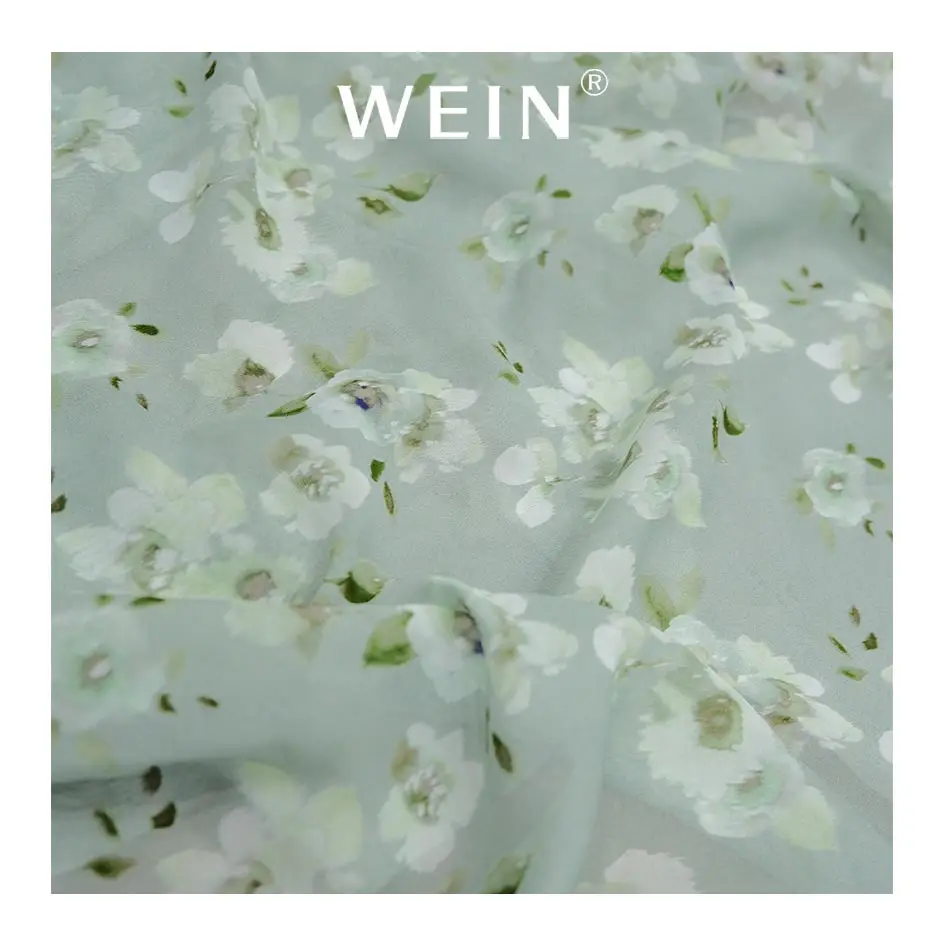 VCS02-SM373 White Petals Chiffon Reactive Printing Fabric 70% Viscose 30% Silk Chiffon Material Fabric for Dress Clothing