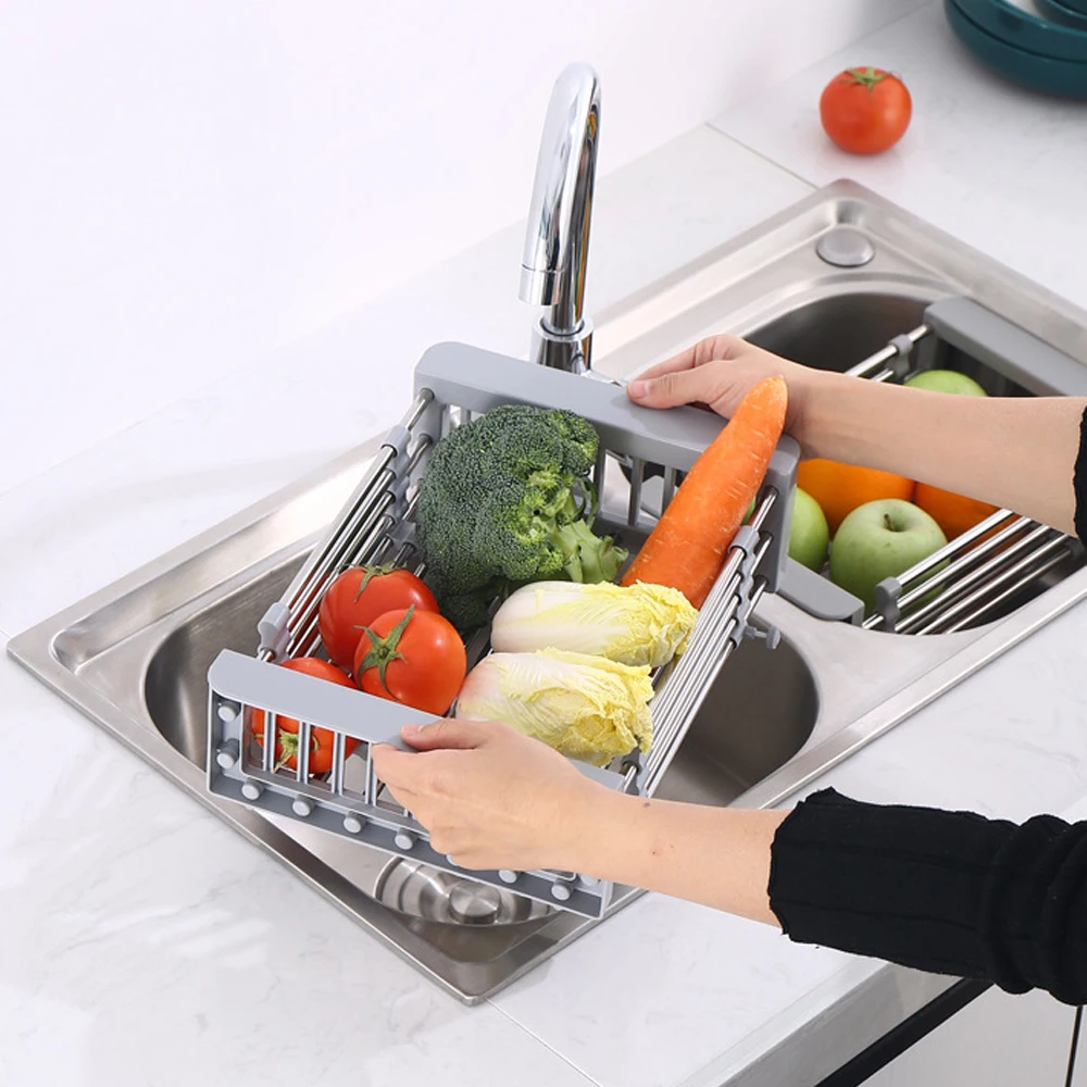 Fruit Drain Over Rugged Sink Dish Drying Rack Non slip extendable rubber Stainless Steel Kitchen Sink Drain Basket With Grooves