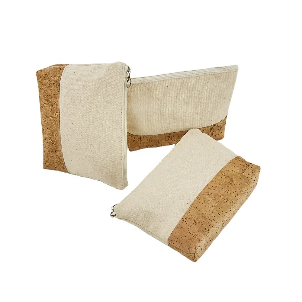 2022 New Design  Genuine Canvas Custom Logo Eco Friendly Recycled  Natural Cork Zipper Cosmetic Bag