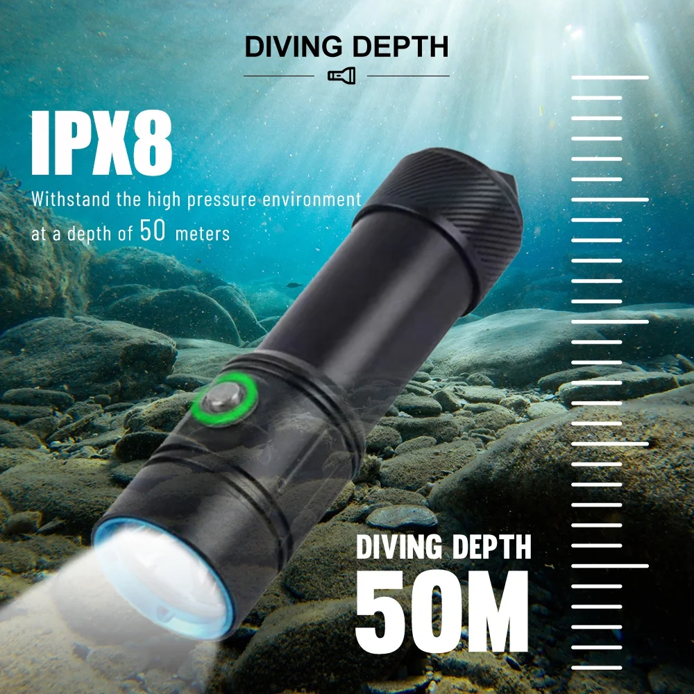 AF17D Aluminum Diving Lamp Underwater Scuba Mini Diving Torch 50m 18650 26650 Diver Flashlight Torch