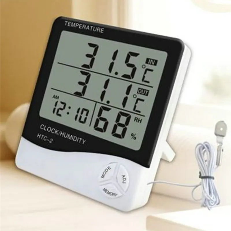 HTC-2 Wireless Temperature Humidity Tester Indoor Outdoor Probe Clock Alarm LCD Digital Thermometer Hygrometer Weather Station