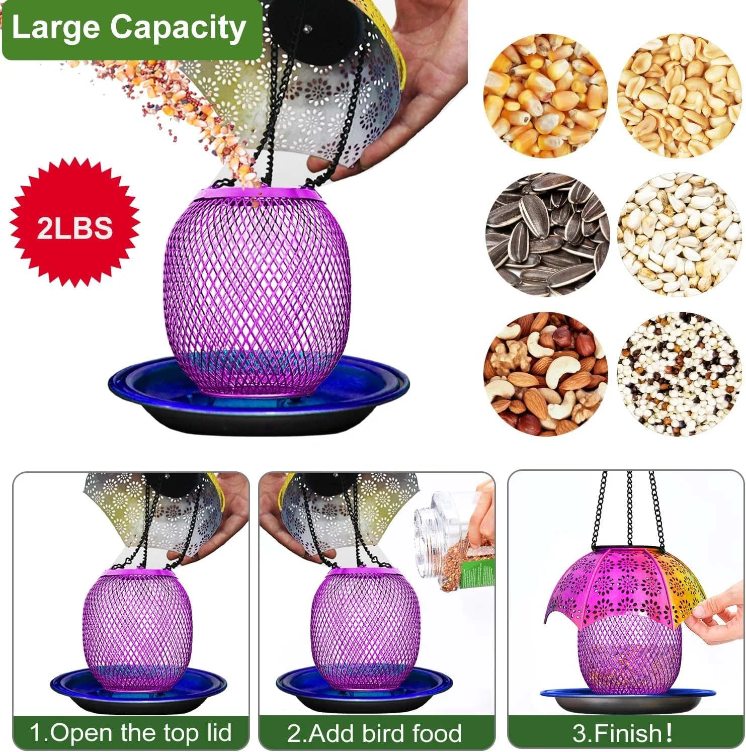 Oniya Seed Large Capacity Automatic Color Changing LED Lights Bird Lovers Metal Wild Bird Feeders Retractable 6.2 LB Custom Iron