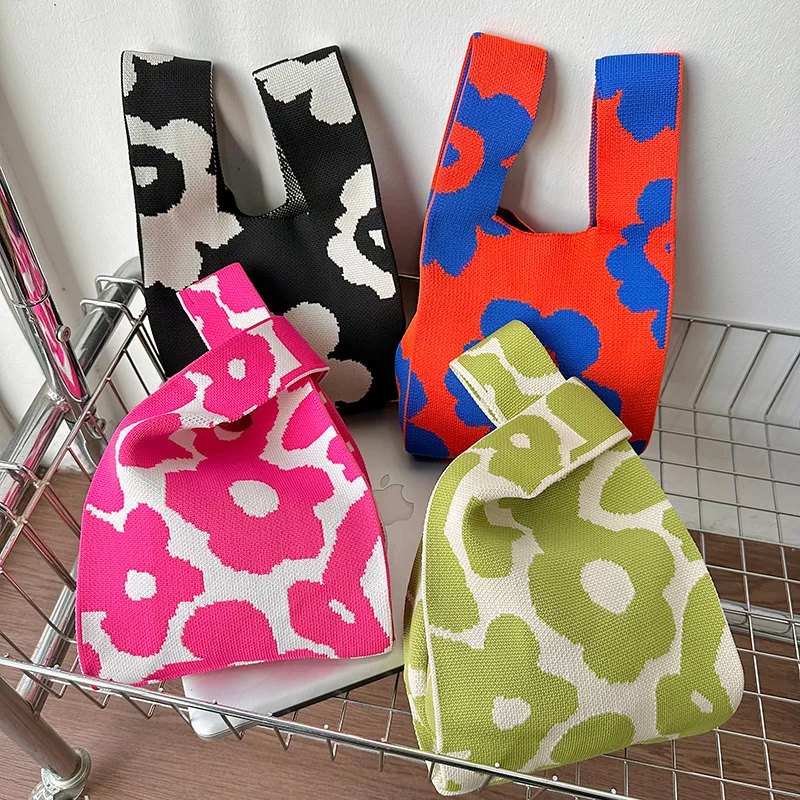 Japanese Knot Wristlet Bag Mini Floral Knitting Crochet Tote Bag Knitted Handbag for Women