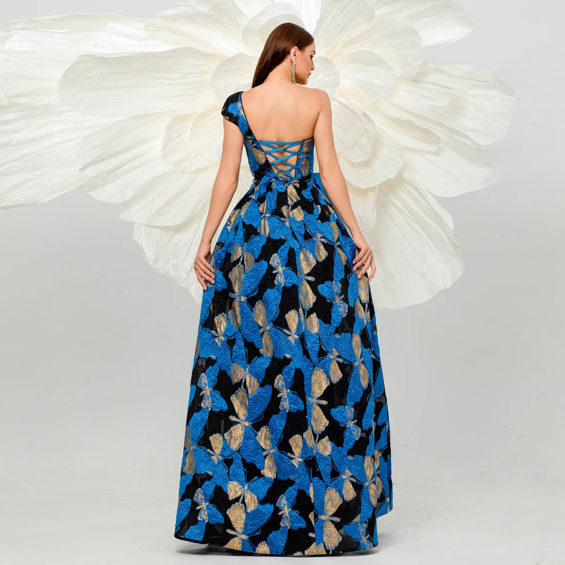 2025 Ladies Blue Summer Bandage Elegant Jacquard Ruffle One Shoulder Sleeveless Floral Empire Floor-Length Parties dress